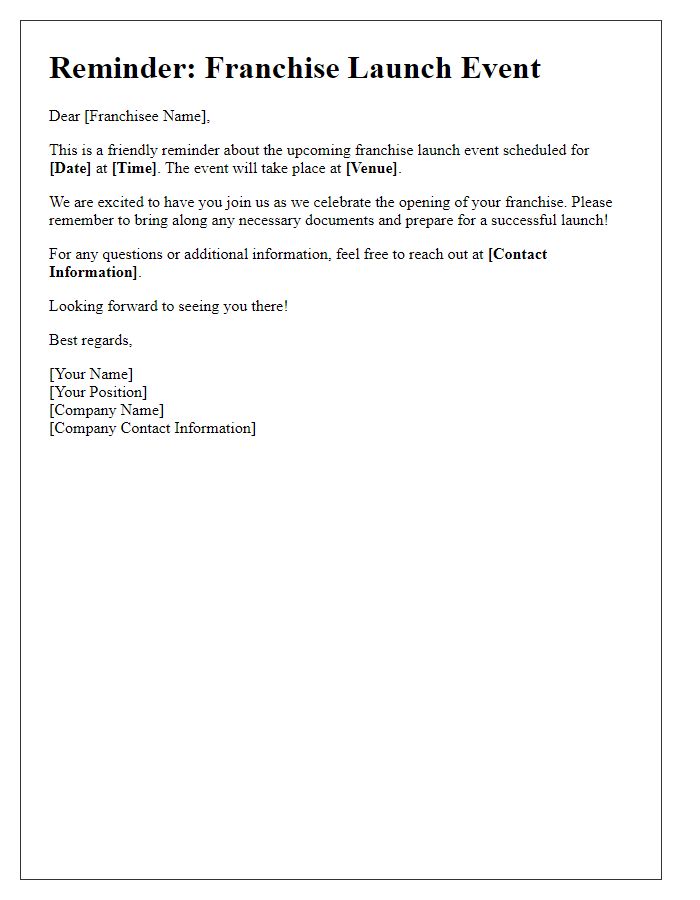 Letter template of reminder for franchise launch event