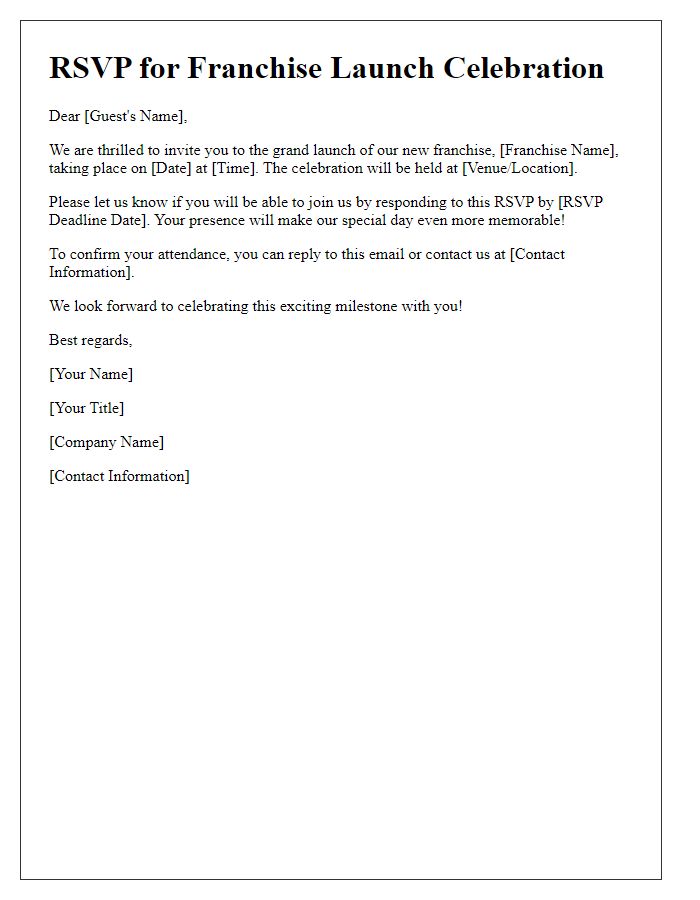 Letter template of RSVP for franchise launch celebration