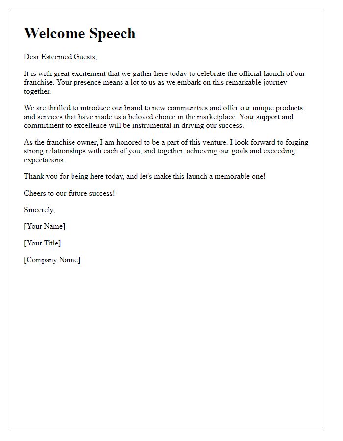 Letter template of welcome speech for franchise launch party