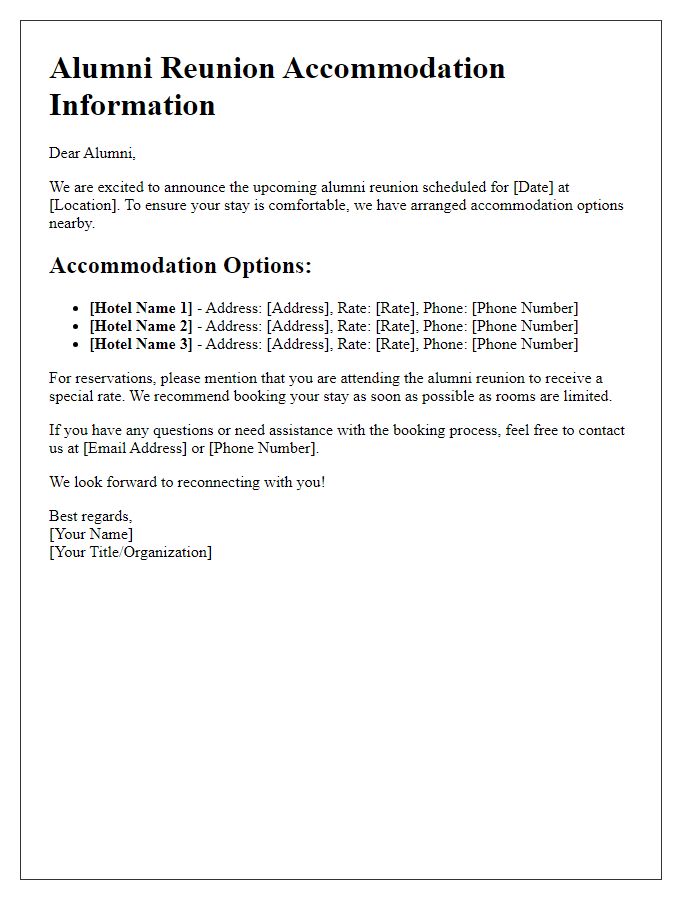 Letter template of alumni reunion accommodation information