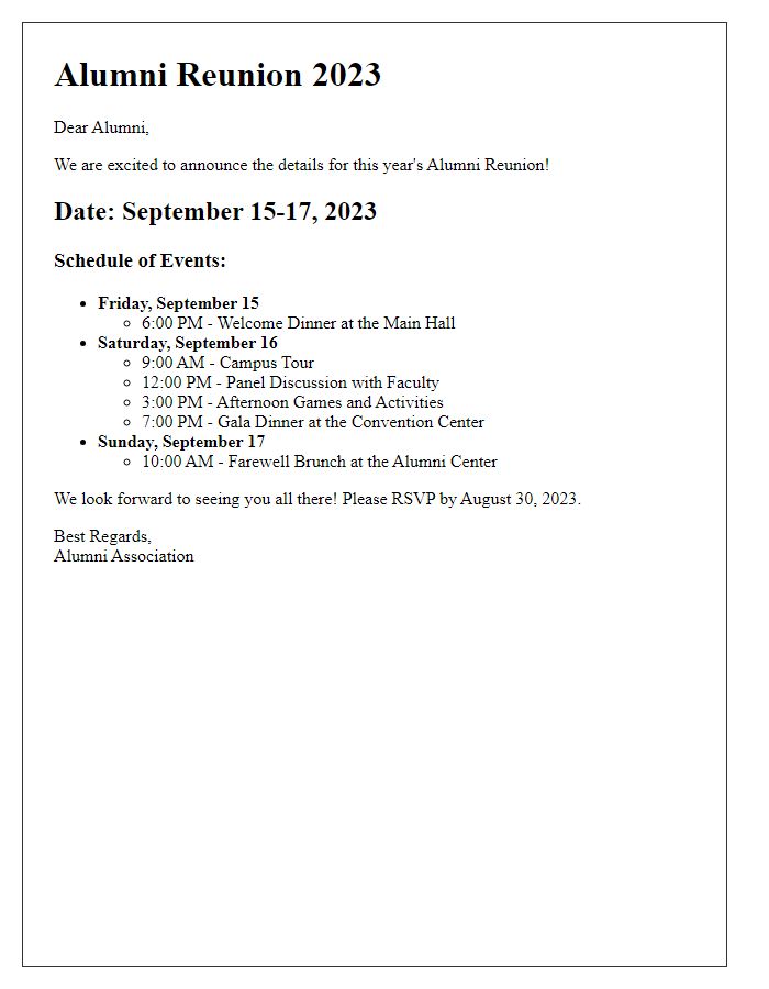 Letter template of alumni reunion schedule details