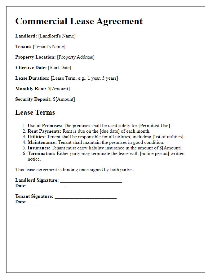 Letter template of lease terms for commercial rental agreements.