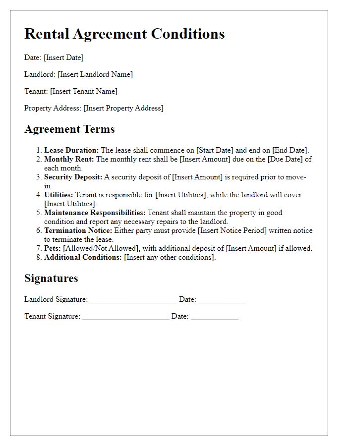 Letter template of rental agreement conditions for long-term leases.