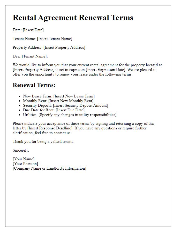 Letter template of rental agreement renewal terms for tenants.