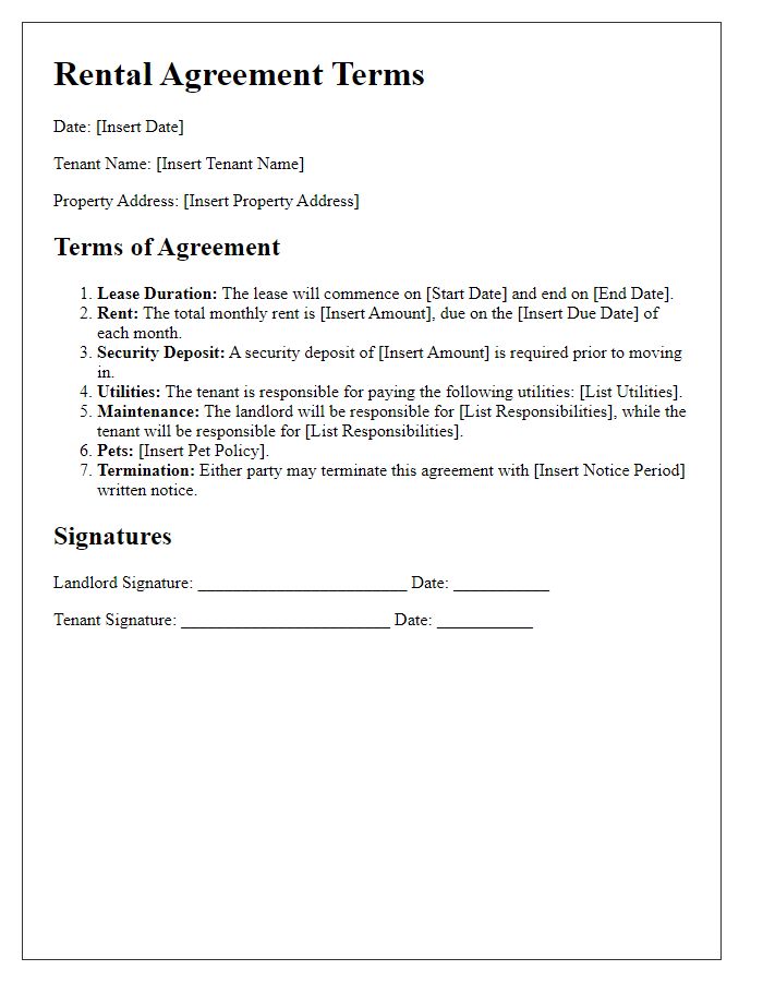 Letter template of rental agreement terms for new tenants.