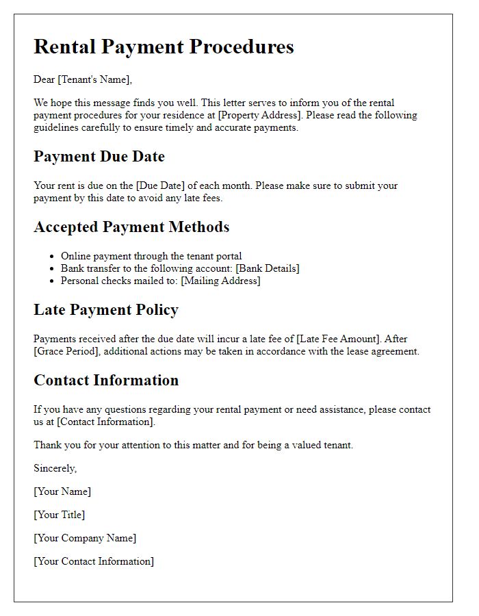 Letter template of rental payment procedures for tenants.