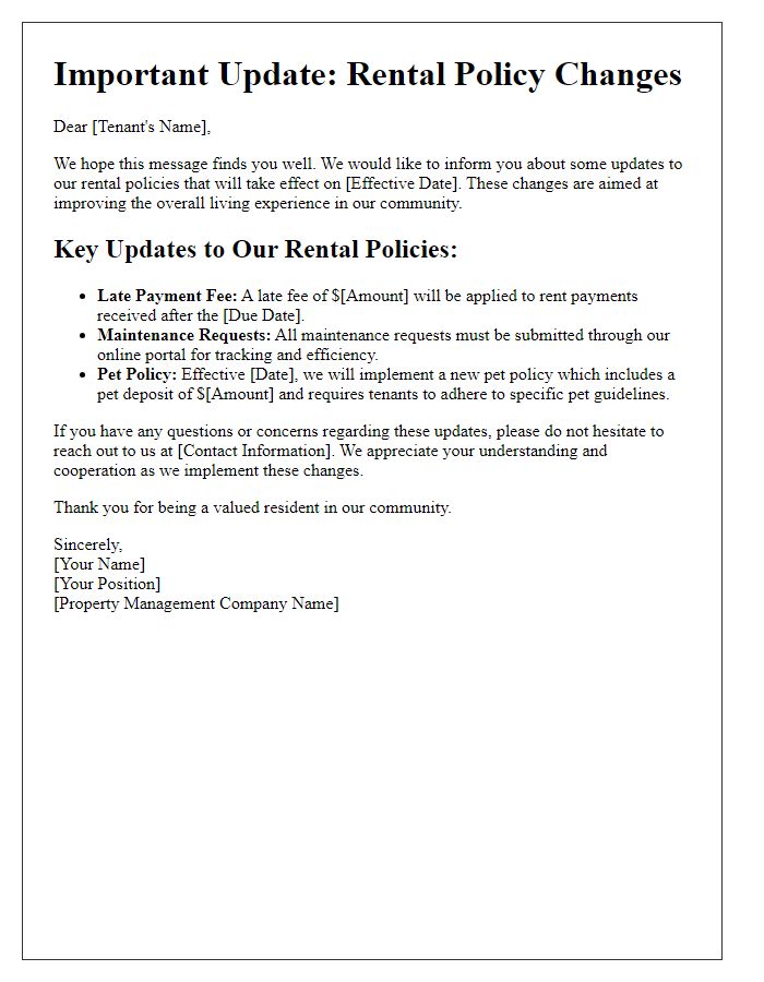 Letter template of rental policy updates for existing tenants.