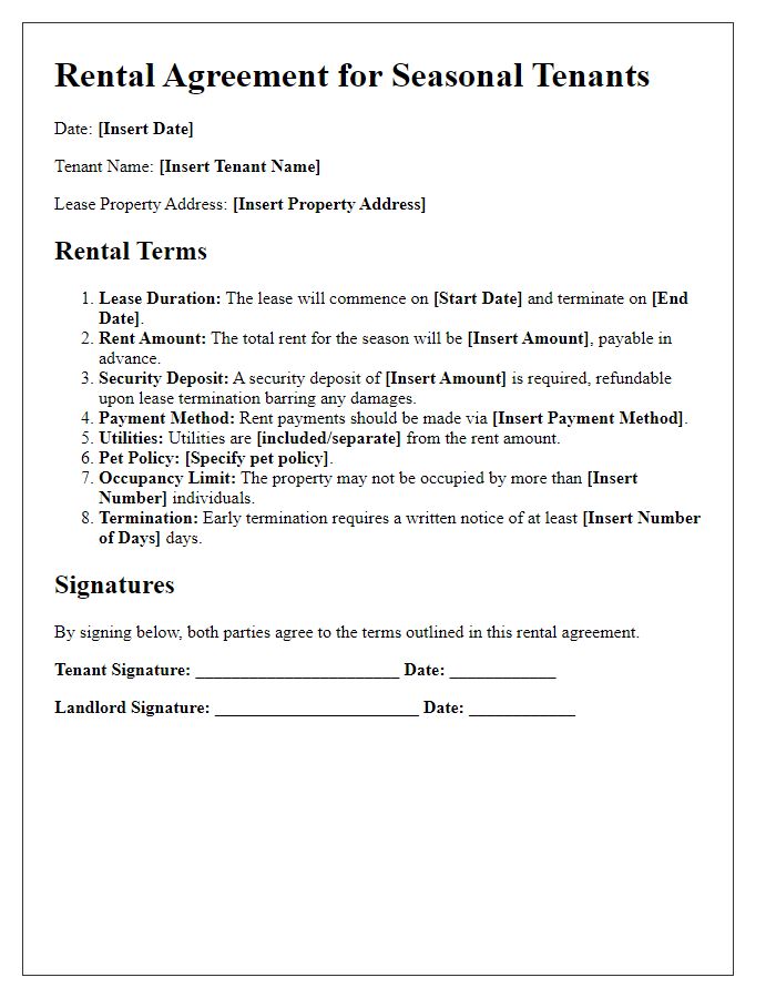 Letter template of rental terms for seasonal tenants.