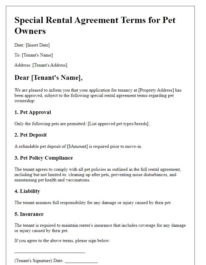 Letter template of special rental agreement terms for pet owners.