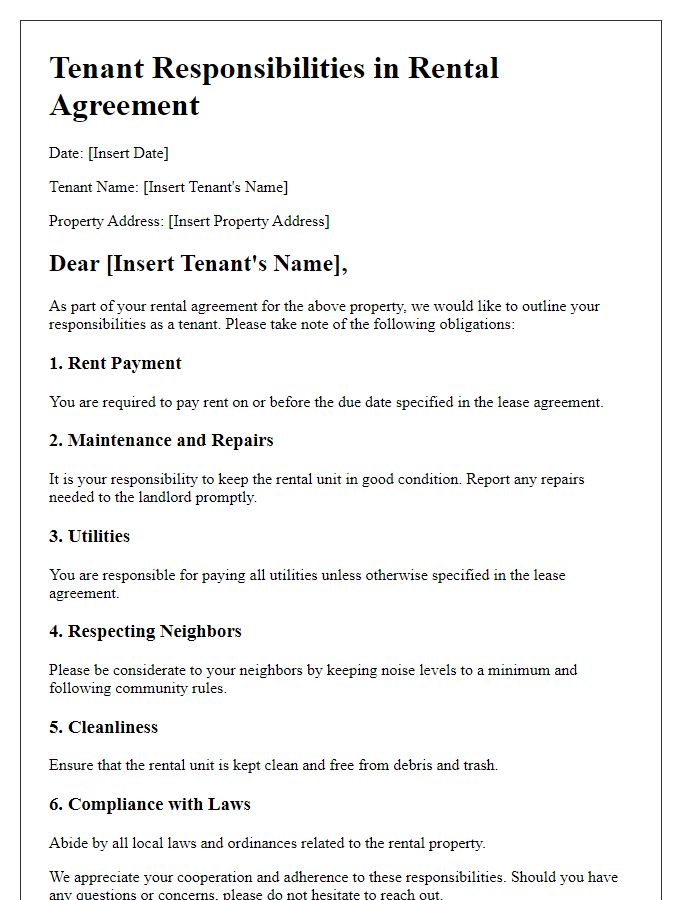 Letter template of tenant responsibilities in rental agreements.