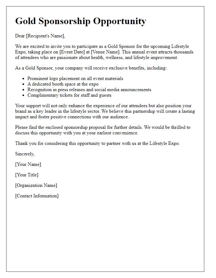 Letter template of lifestyle expo gold sponsorship opportunity