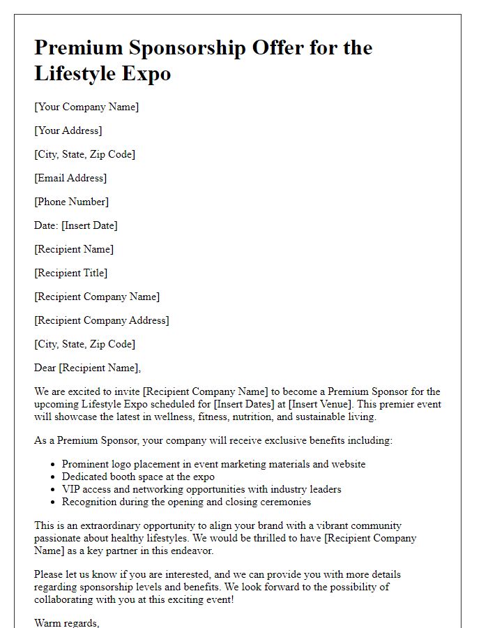 Letter template of lifestyle expo premium sponsorship offer