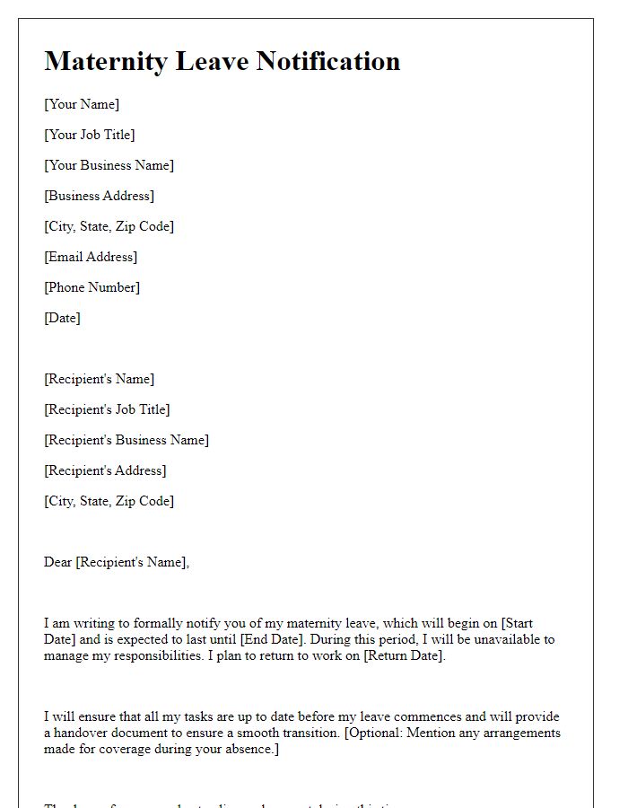 Letter template of maternity leave notification for small business owners