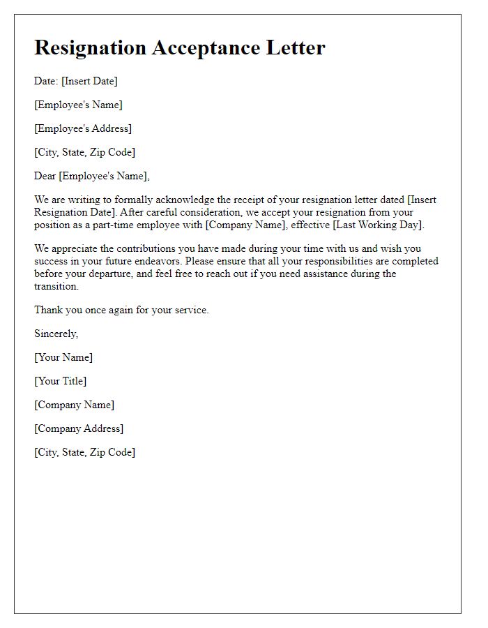 Letter template of resignation acceptance for part-time employees.