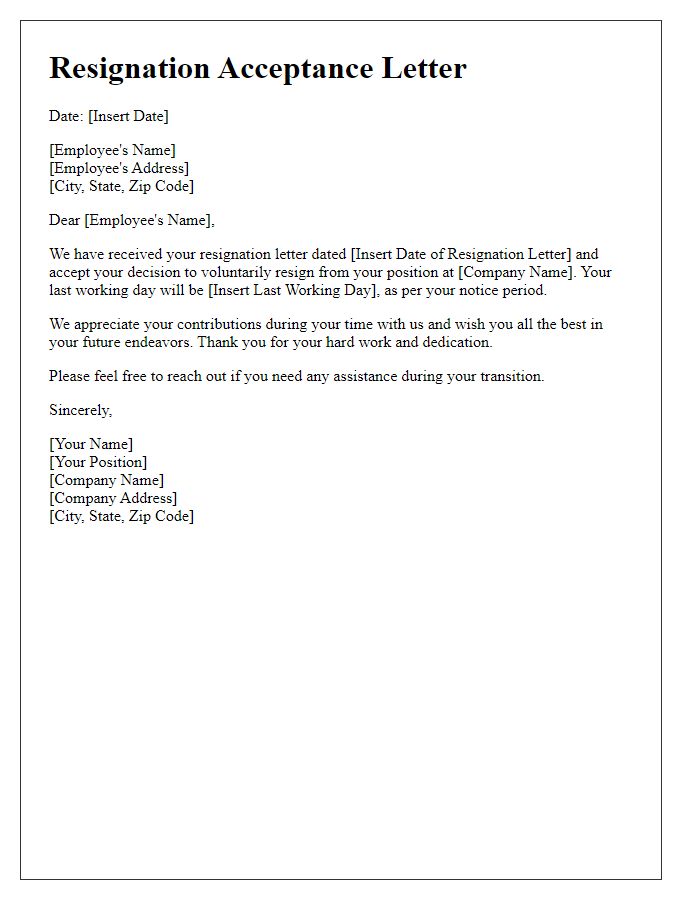 Letter template of resignation acceptance for voluntary departure.