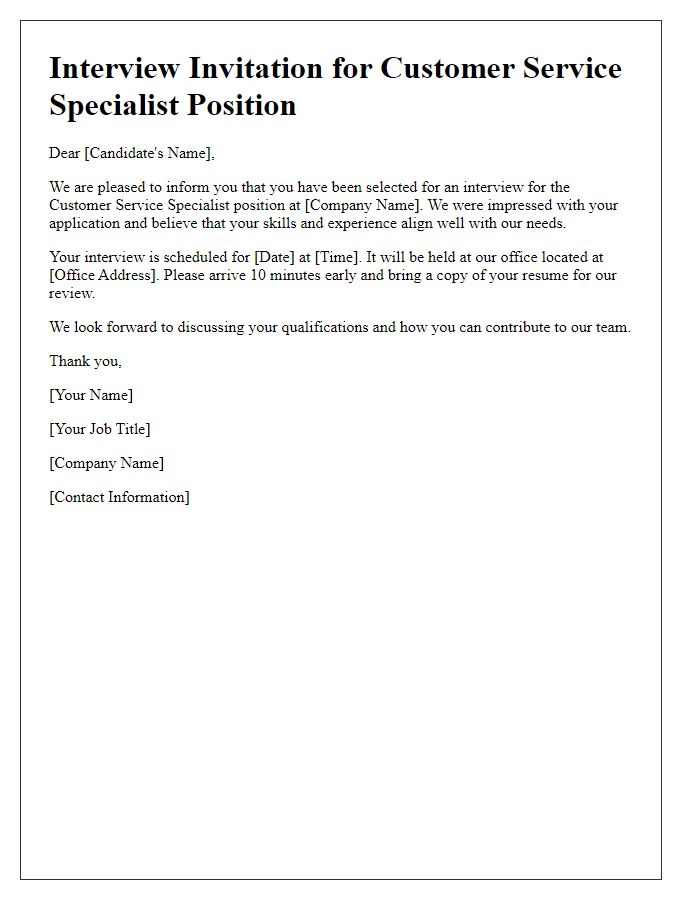 Letter template of Job Interview Invitation for a Customer Service Specialist Position