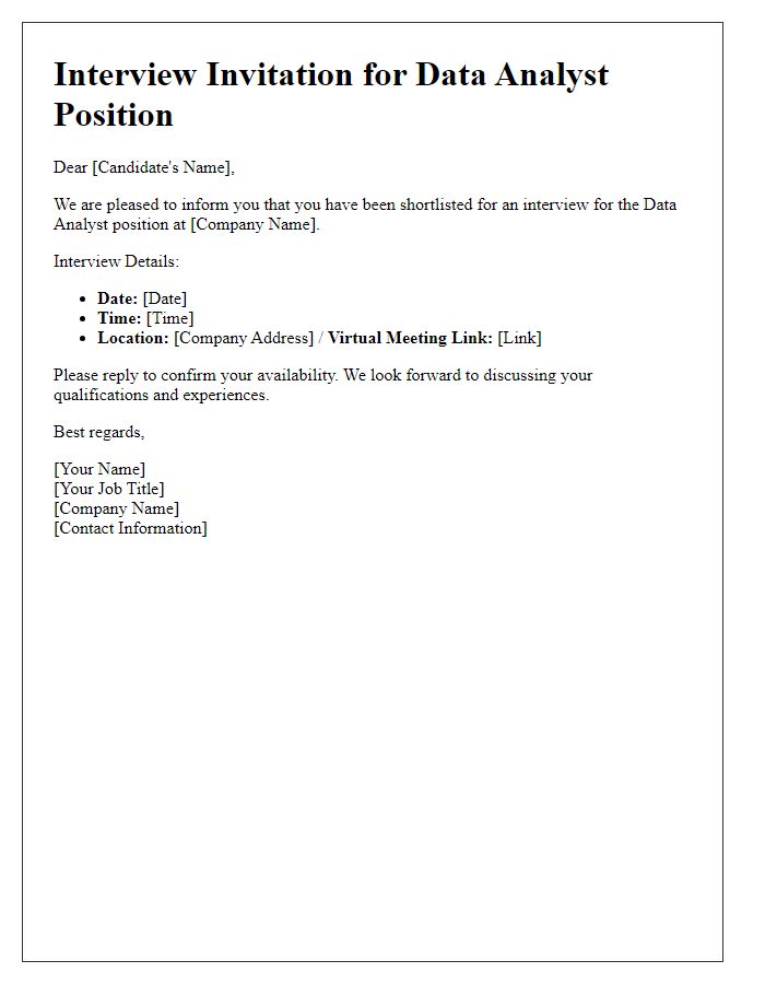 Letter template of Job Interview Invitation for a Data Analyst Position