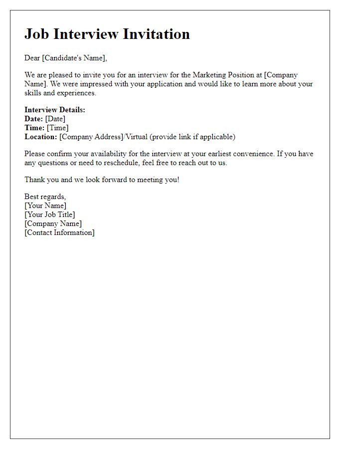 Letter template of Job Interview Invitation for a Marketing Position