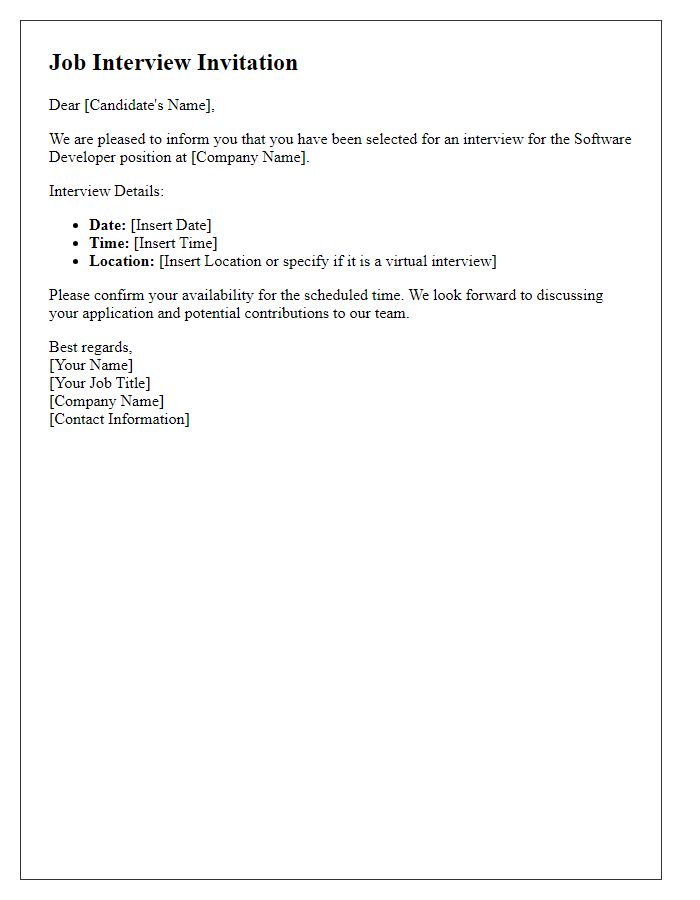 Letter template of Job Interview Invitation for a Software Developer Role