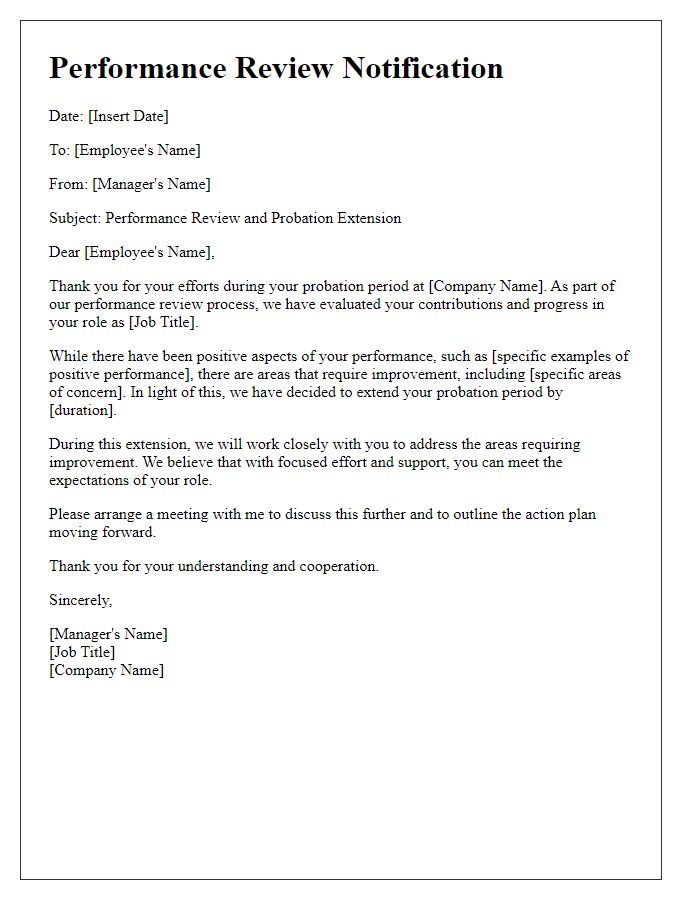 Letter template of performance review leading to probation extension