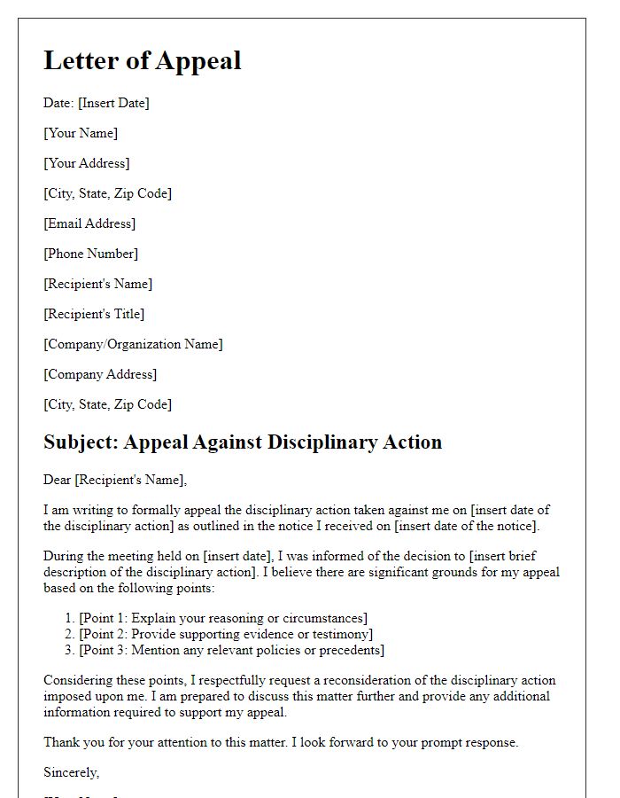 Letter template of appeal process for disciplinary action