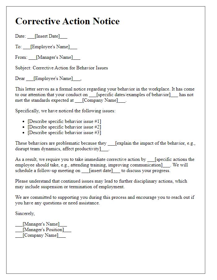 Letter template of corrective action for behavior issues