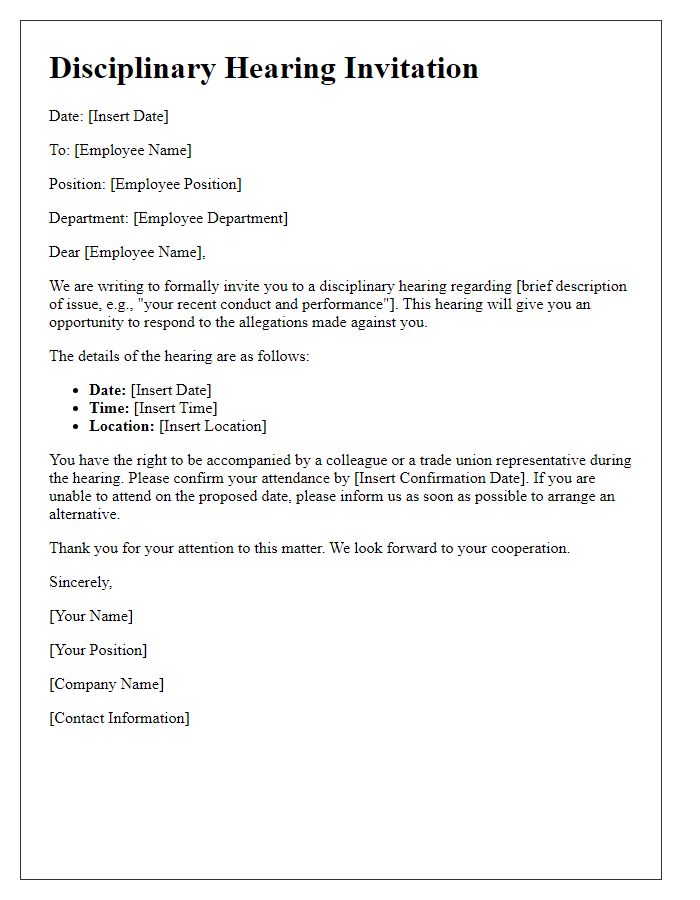 Letter template of disciplinary hearing invitation