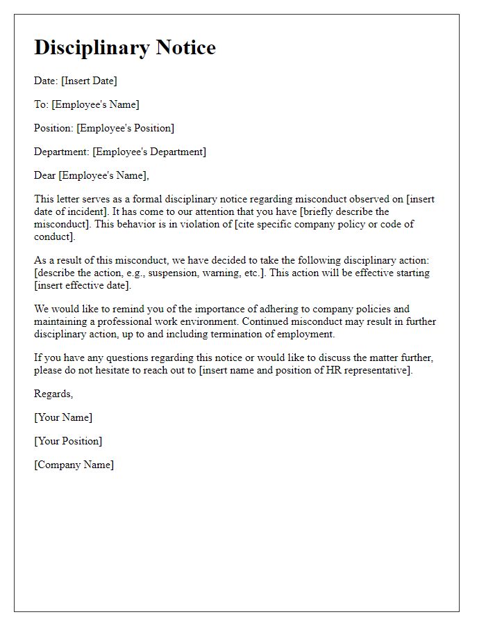 Letter template of disciplinary notice for misconduct