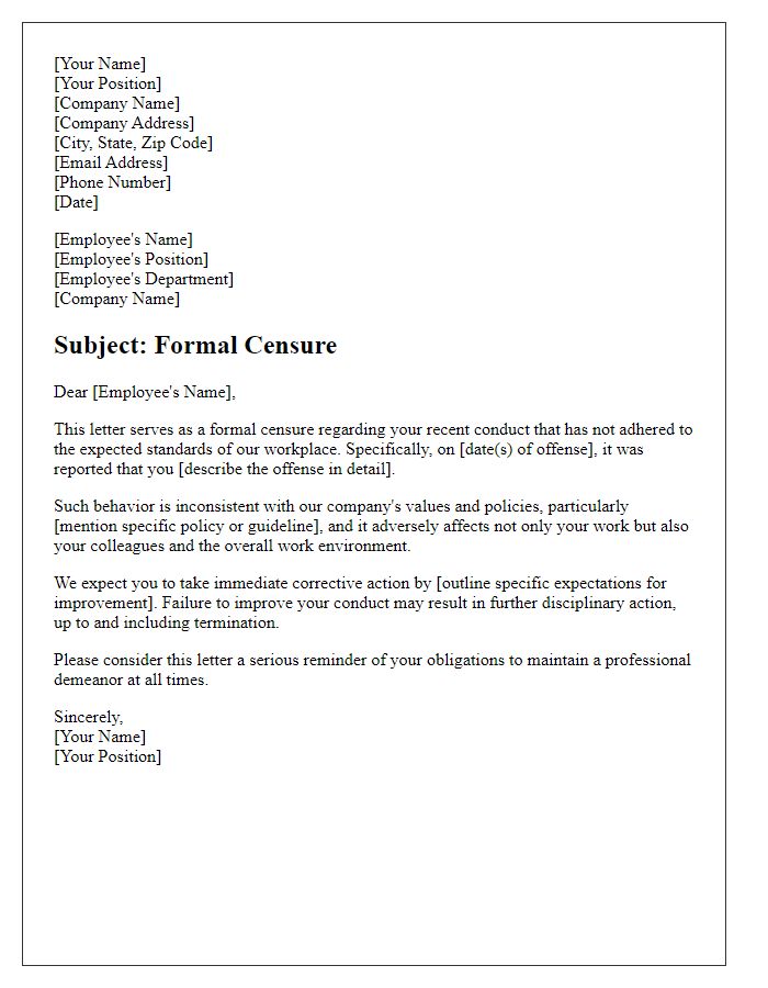 Letter template of formal censure for workplace offenses