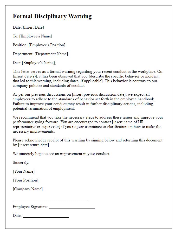 Letter template of formal disciplinary warning