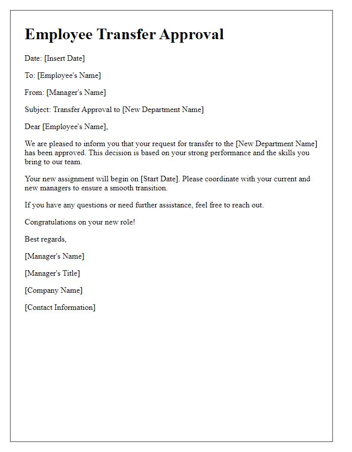 Letter template of employee transfer approval to a new department