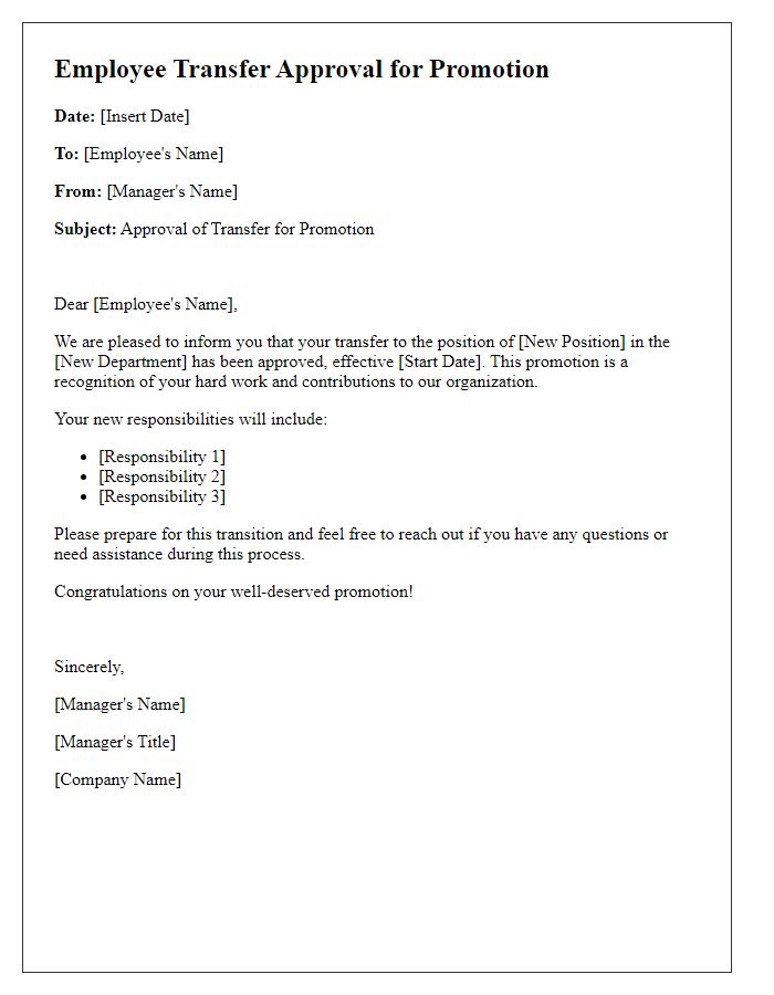 Letter template of employee transfer approval for promotion