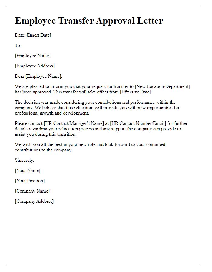 Letter template of employee transfer approval for relocation