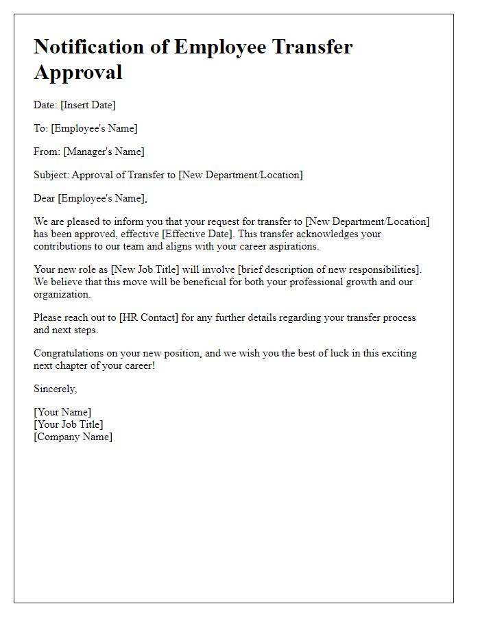 Letter template of notification for employee transfer approval