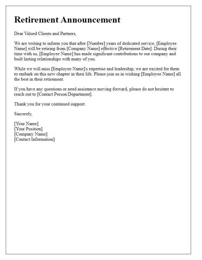 Letter template of employee retirement announcement to clients and partners.