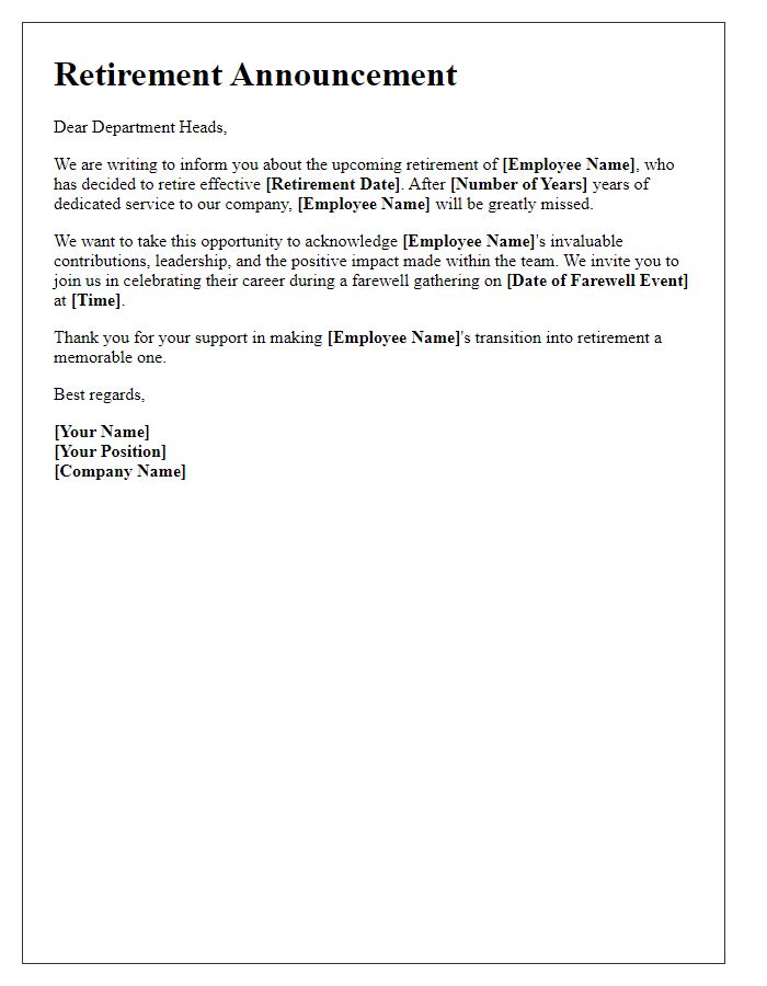 Letter template of employee retirement announcement to department heads.