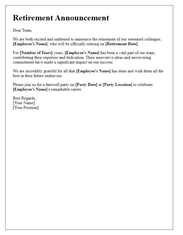 Letter template of employee retirement announcement with gratitude.