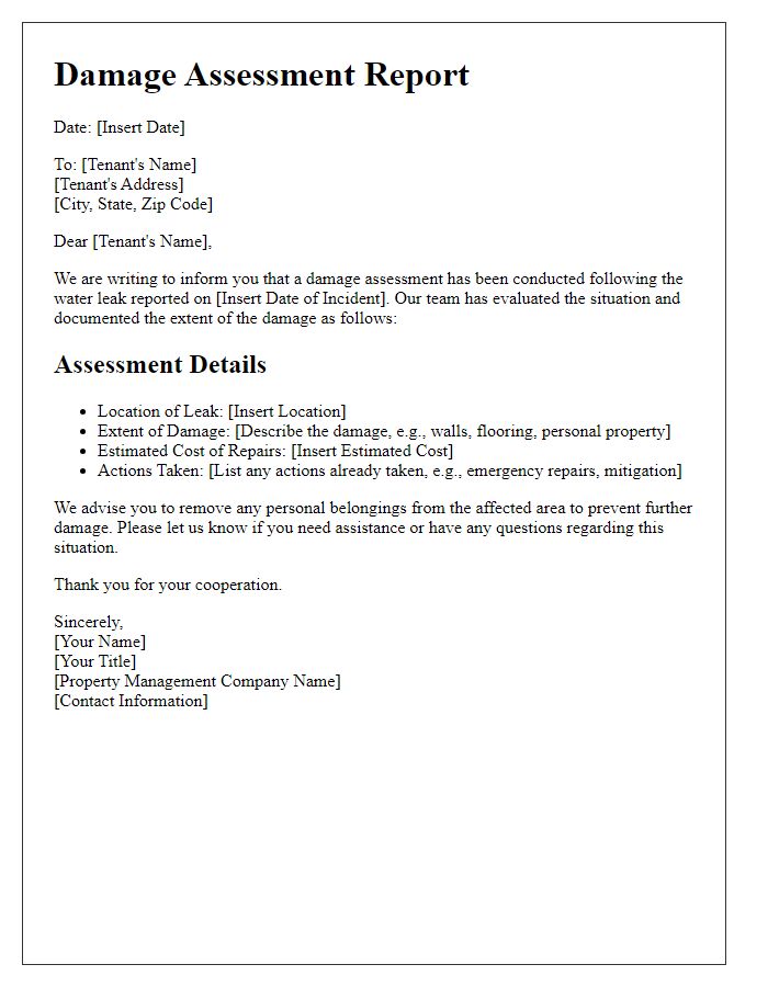 Letter template of damage assessment following a water leak for tenant