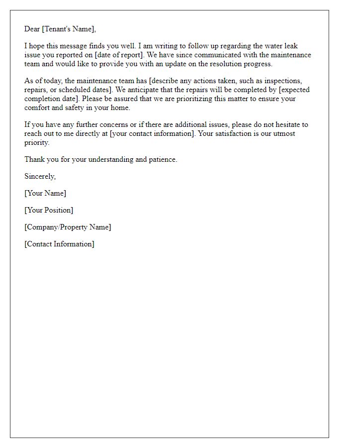 Letter template of follow-up on water leak resolution for tenant