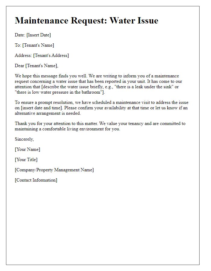 Letter template of maintenance request for water issue to tenant