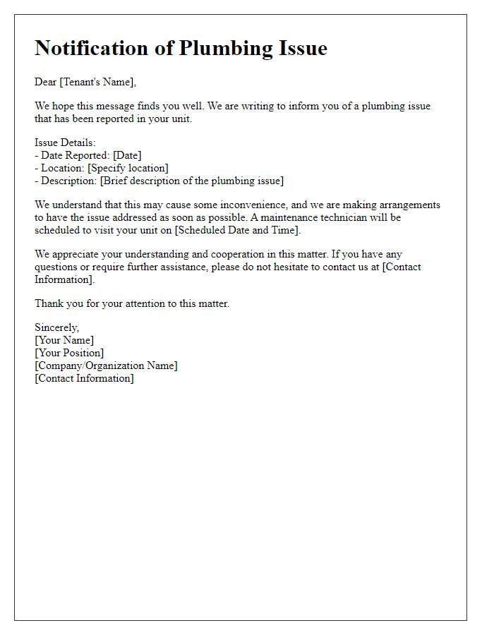 Letter template of notification regarding plumbing issue for tenant