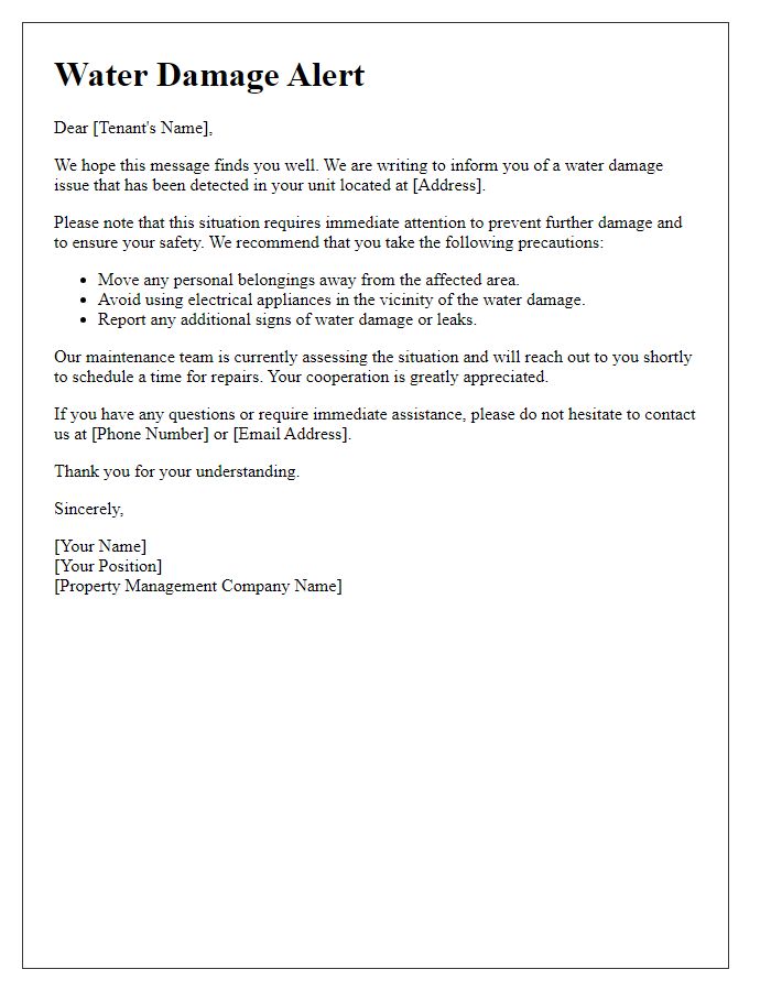 Letter template of water damage alert to tenant