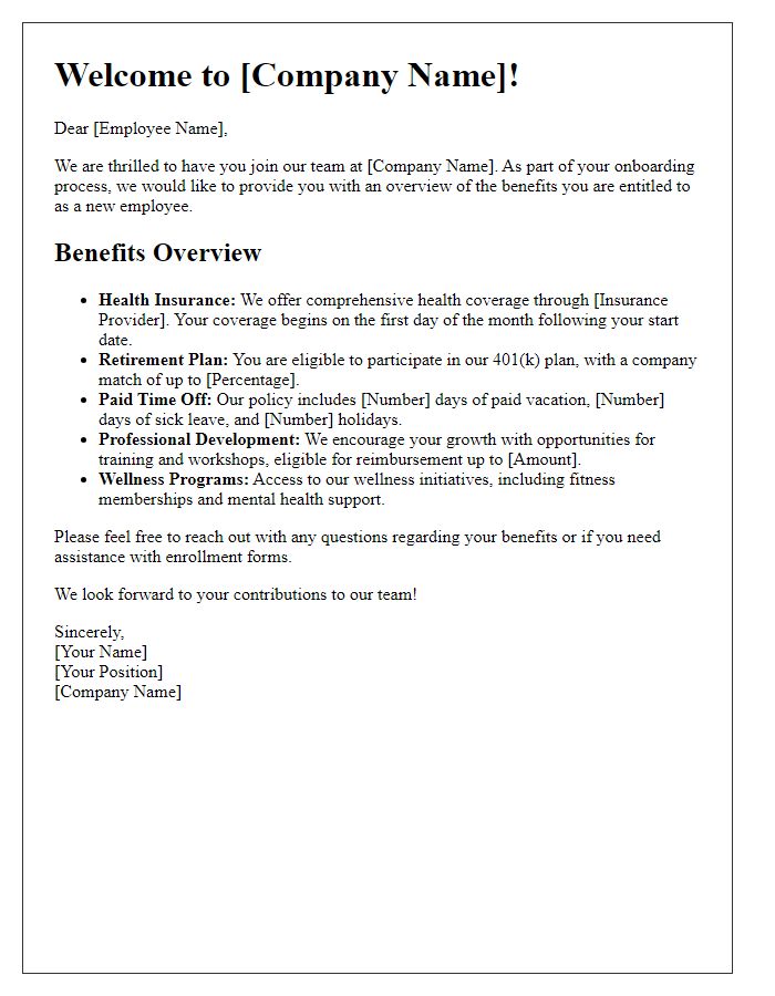 Letter template of benefits overview for new employee orientation