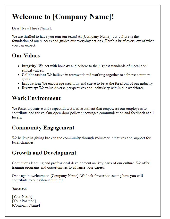 Letter template of company culture overview for new hire orientation