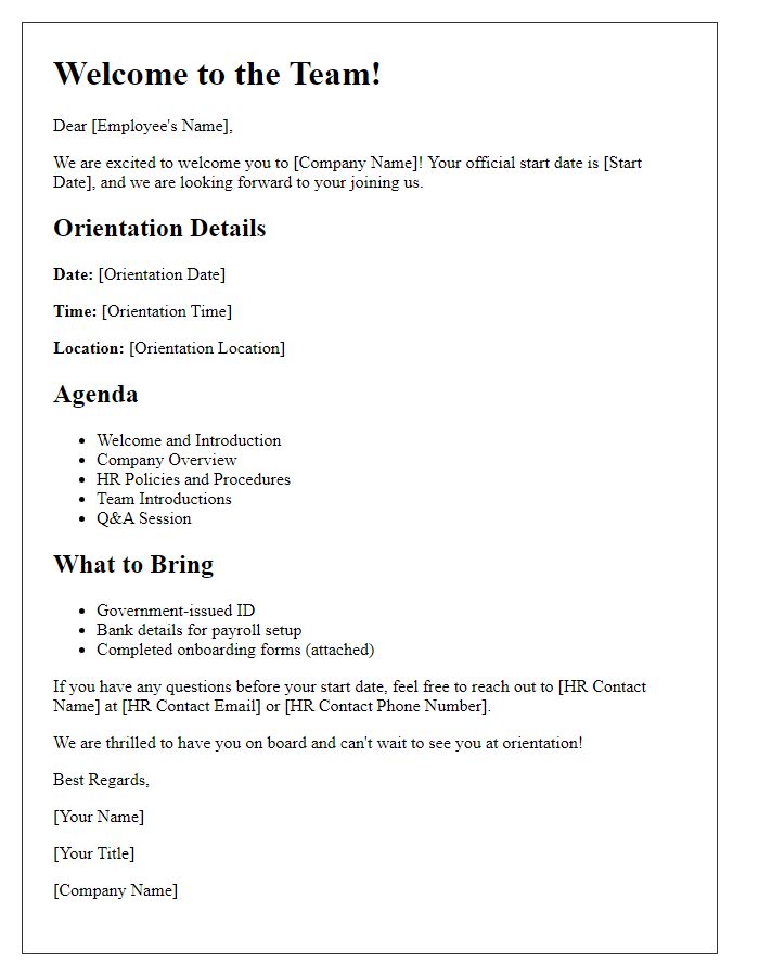 Letter template of onboarding details for new employee orientation