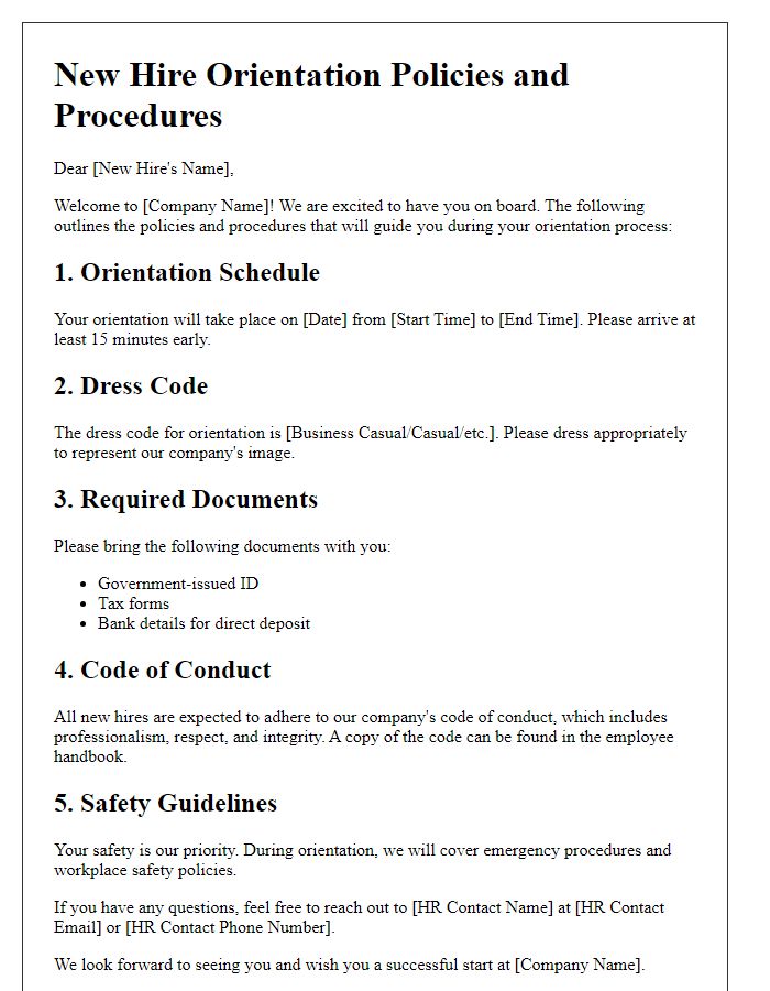 Letter template of policies and procedures for new hire orientation