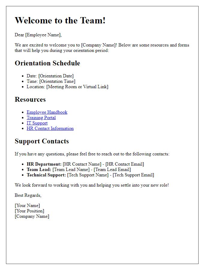 Letter template of resources and support for new employee orientation