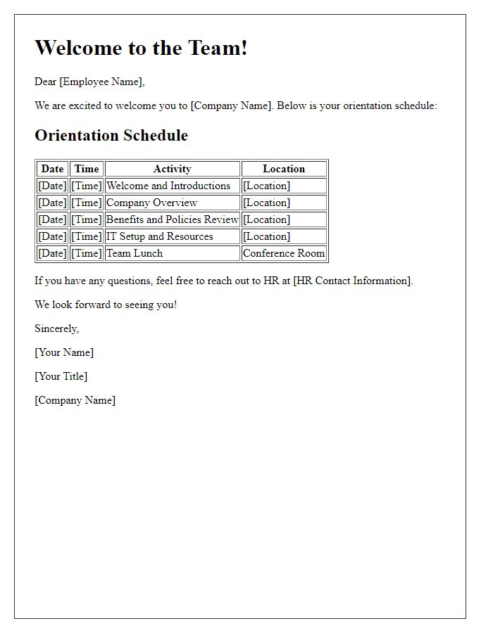 Letter template of schedule for new employee orientation