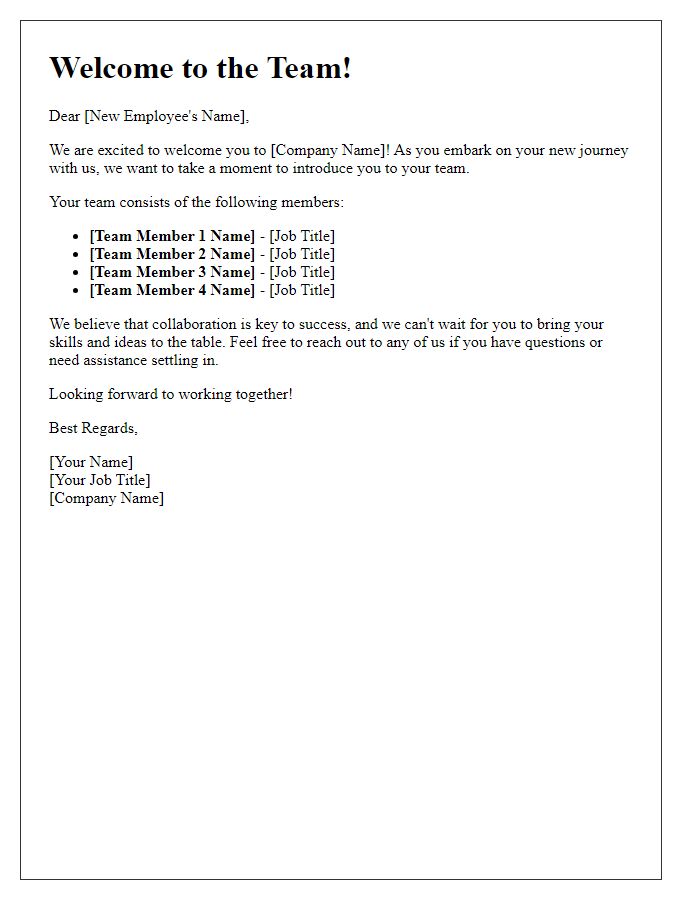 Letter template of team introduction for new employee orientation