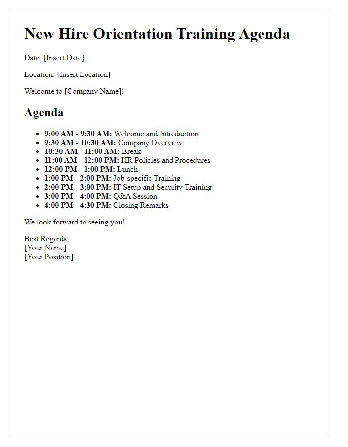 Letter template of training agenda for new hire orientation